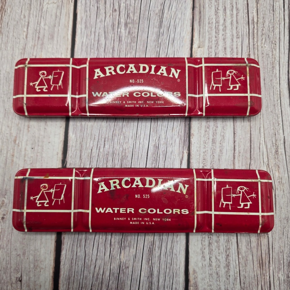 Binney & Smith Arcadian Watercolor Tins Red No 525 Vintage Art Set 2pc USA Made
